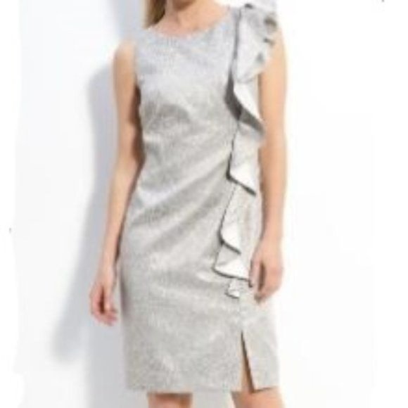 Tahari ASL Gold Brocade Sleeveless Cocktail Dress Vertical Ruffle Detail Size 10 - Picture 4 of 9